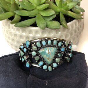 Navajo Indian 70 grams Sterling Silver Turquoise Cluster Bracelet Signed